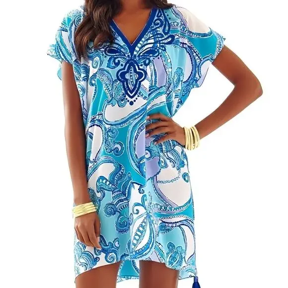 Lilly Pulitzer Sydney Silk Caftan Dress XS Blue Preppy Beach Resortwear - Picture 12 of 13